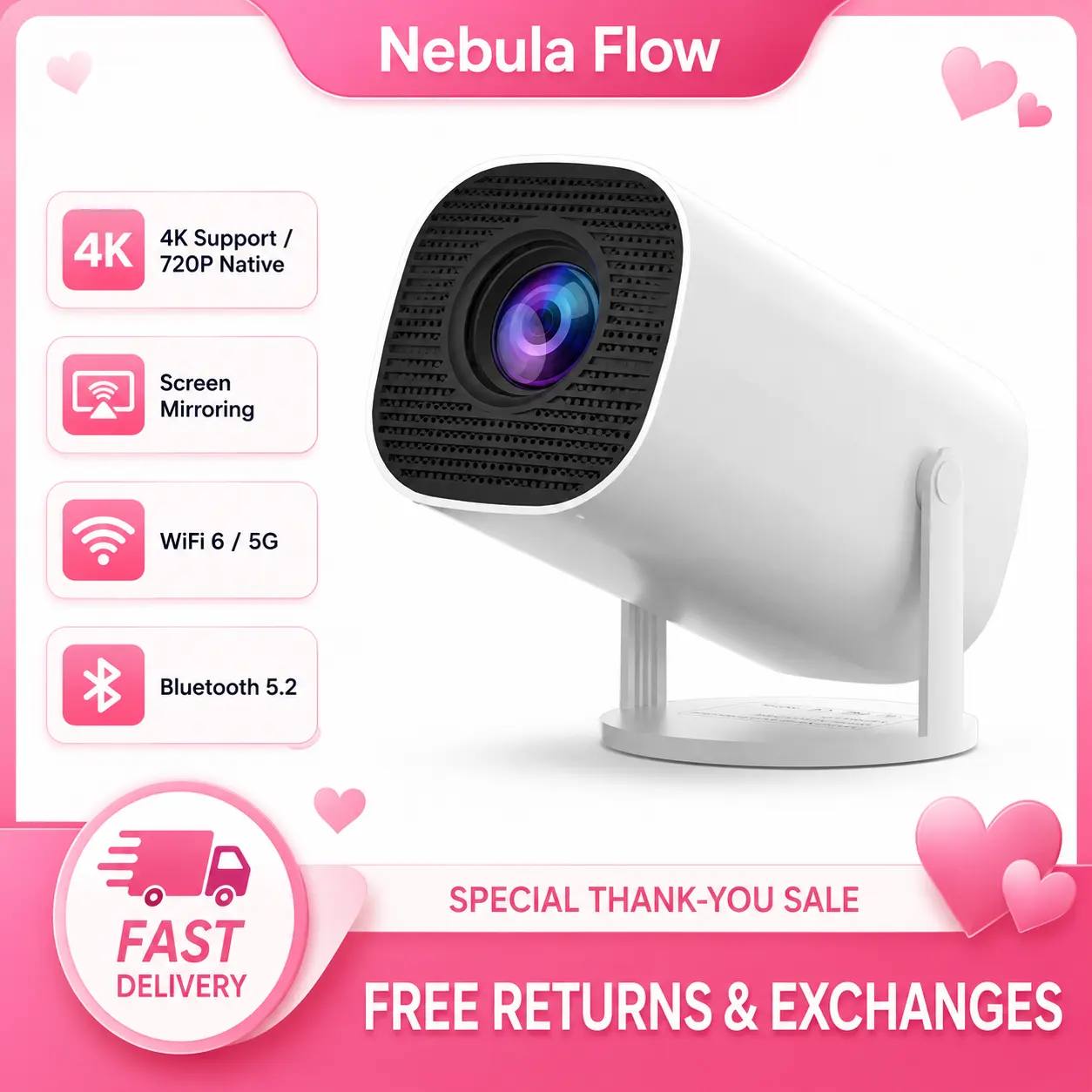 [2026 Picks] Nebula Flow 4K HD Smart Projector with WiFi 6 & Bluetooth 5.4 - Native 720P for Home Theater #US Warehouse