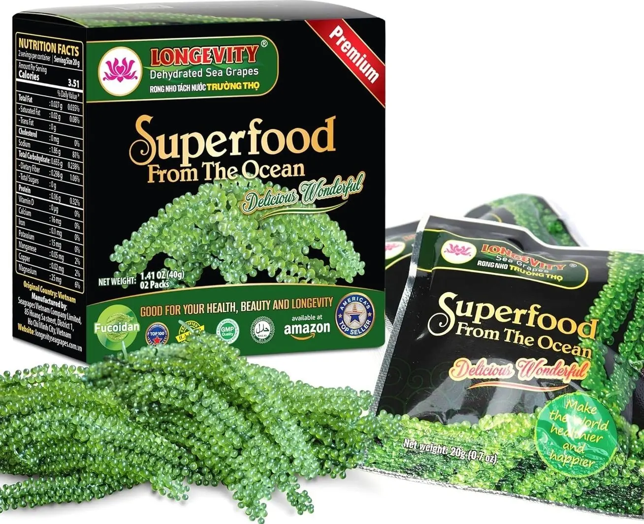 LONGEVITY Dehydrated Sea Grapes, 1.4 oz of (Pack of 2), Umibudo Green Caviar, Lato Seaweed | Enhance Health, Boosting Immune System, Valued Natural Gift From Sea (Original, 40g)