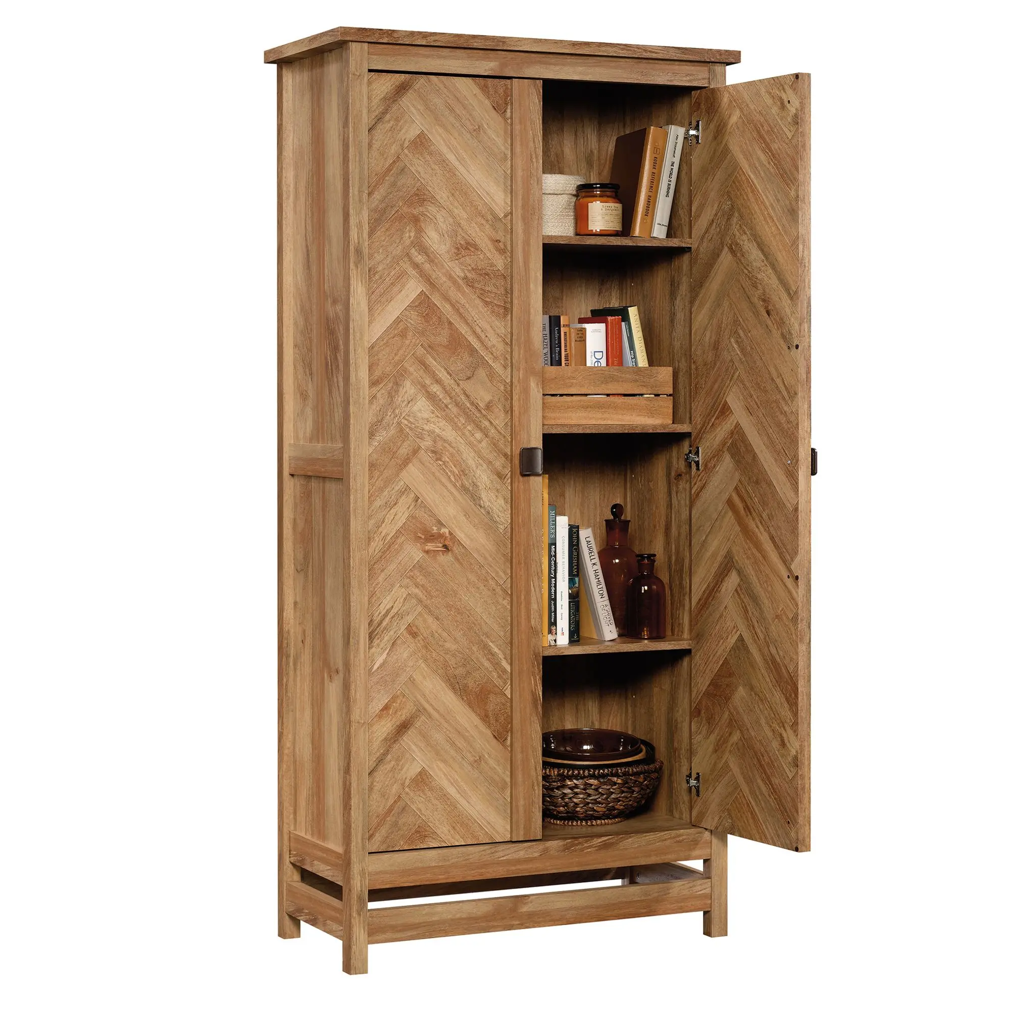 Sauder Cannery Bridge Storage Cabinet with Herringbone Pattern 6 Adjustable Shelves Bronze Handles Modern Home Organization