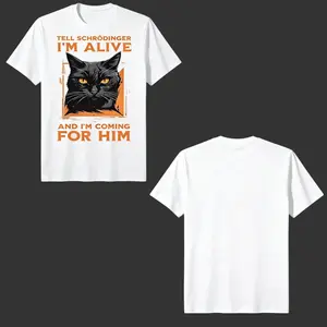 Quantum Mechanics Meme Print Casual Crew Neck Men's T-Shirt, Cat Pattern Men's Top, Gift for Quantum Enthusiasts, Fun T-Shirt for Friends, Halloween Party Novelty Shirt, Orange-Eyed Black Cat Print Men's