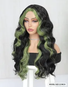 22inch 1pcs Highlights Green Small Lace Body Wave Synthetic Heat Resistant Wig, Long Loose Wavy Natural Wig for Daily Use and Party