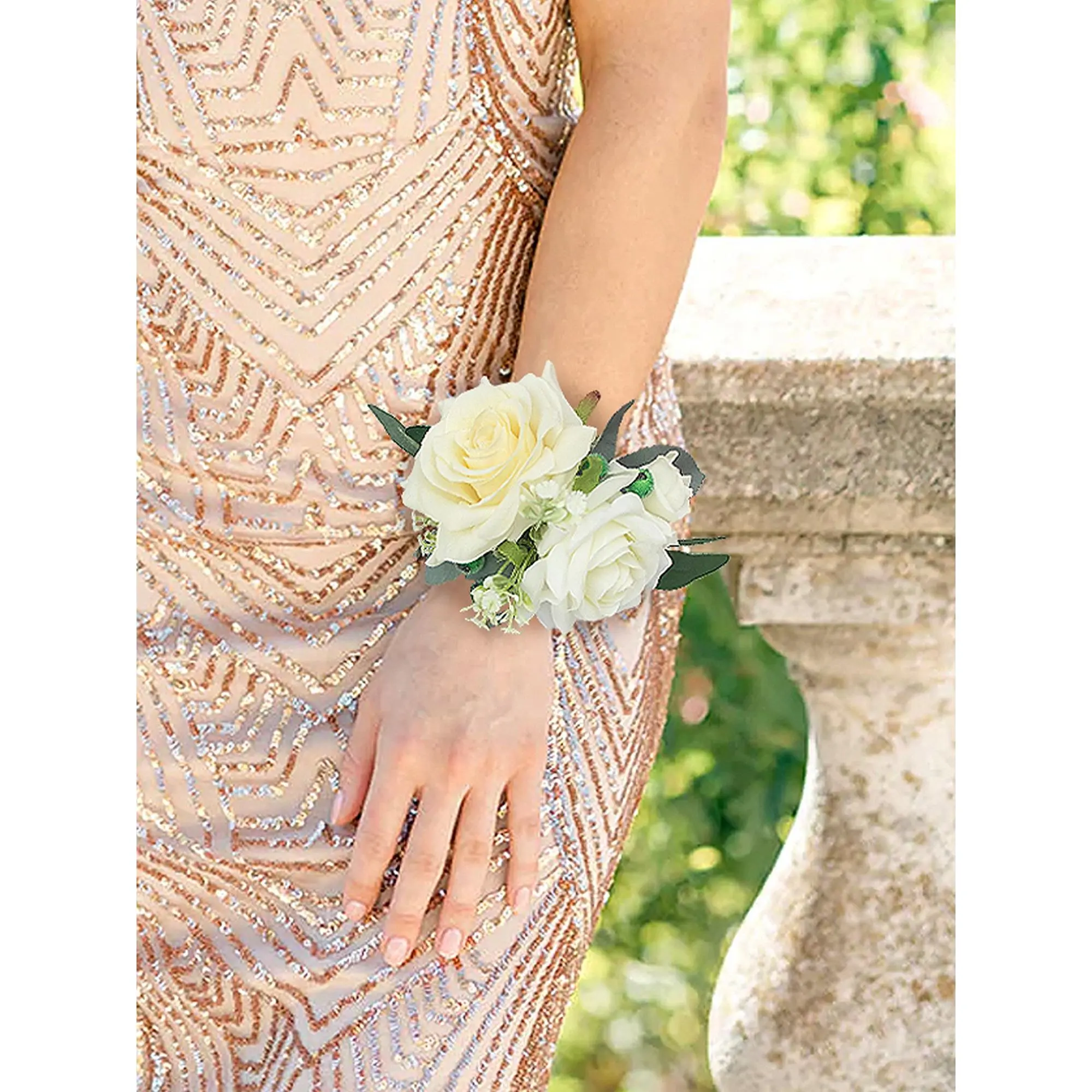 Rinlong White & Green Silk Wrist Corsage - Foam Flowers with Faux Pearl Elastic Wristlet, Lifelike Look, Stretch Fit for Wedding Decor, Comfortable