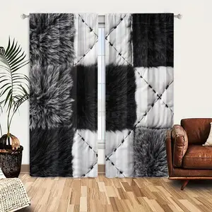 2pcs Window Curtains, A checkerboard pattern quilt of black, grey faux fur and white quilted squares with 'X' stitching.Window Drapes for Bedroom Living Room, Rod Pocket Window Treatment, Home Decoration Curtain