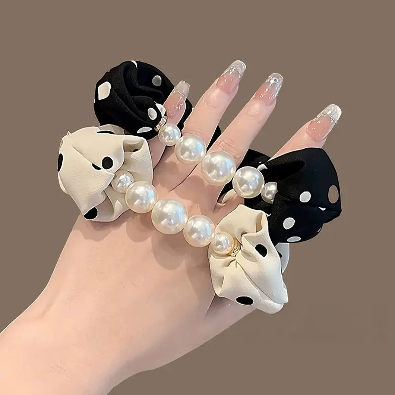 2 Pack Polka Dot Beaded Hair Scrunchies for Women, New Premium Soft Fabric Ponytail Hair Ties, Elegant Cute Hair Accessories for Bun Daily Styling