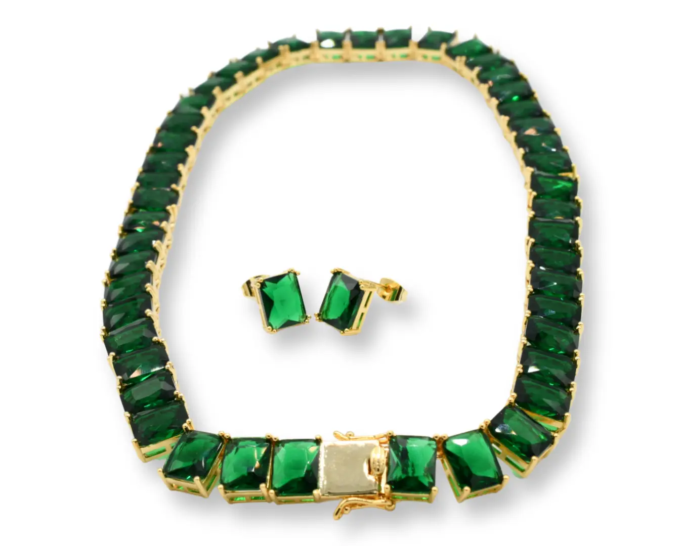 Green Night Set with Green Stones, Gold-Tone Accents, and Earrings