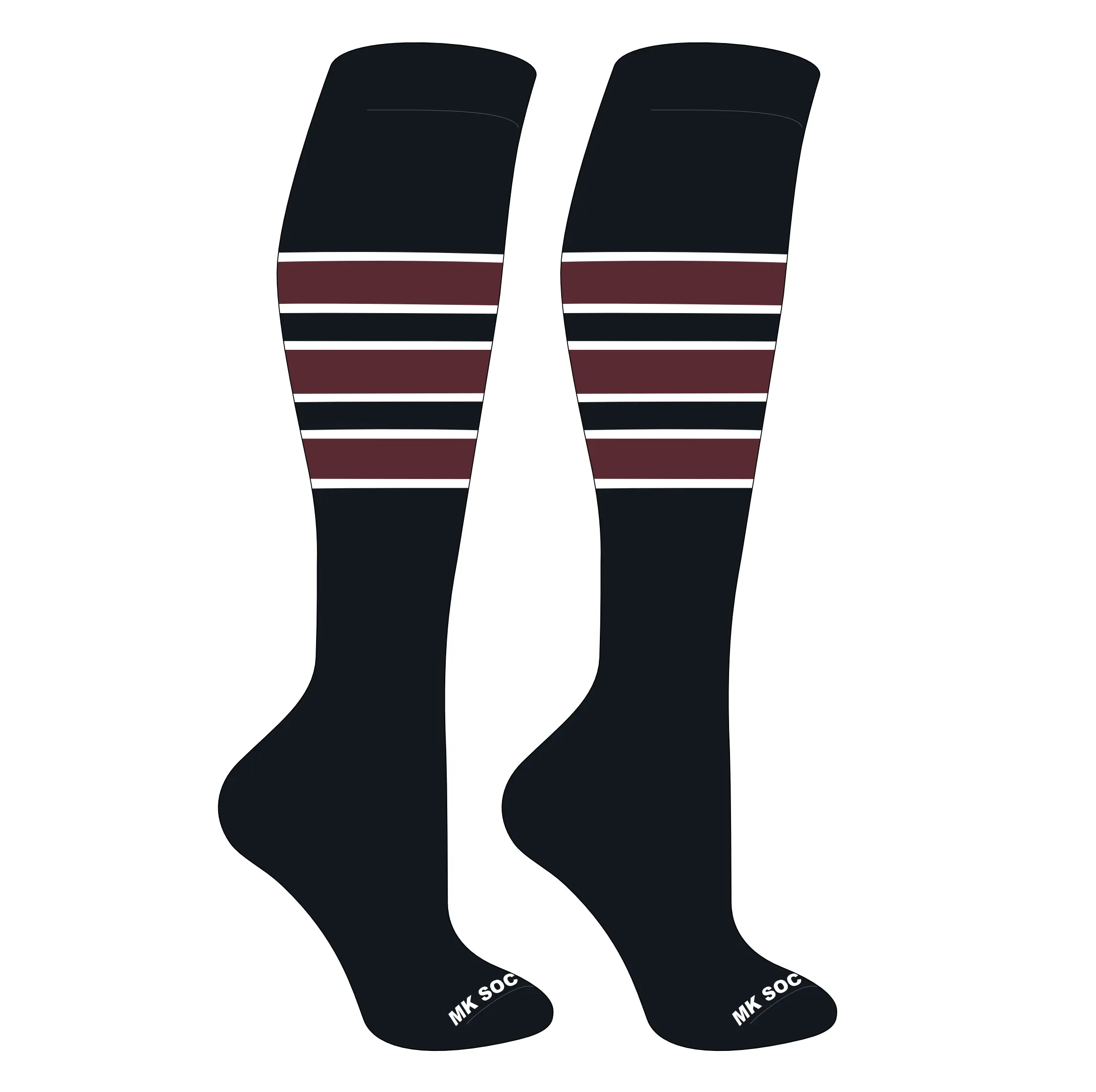 MK Socks Striped Knee High Baseball, Football Socks (C) Black, White, Maroon