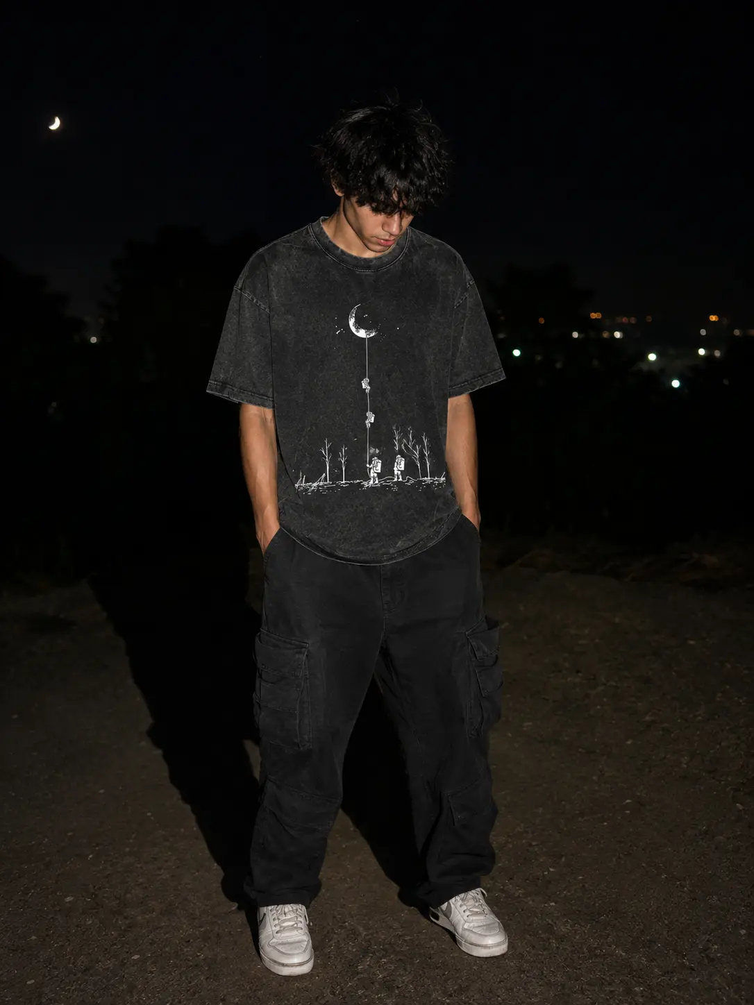 Night Sky T-Shirt with Moon and Trees Design for Men
