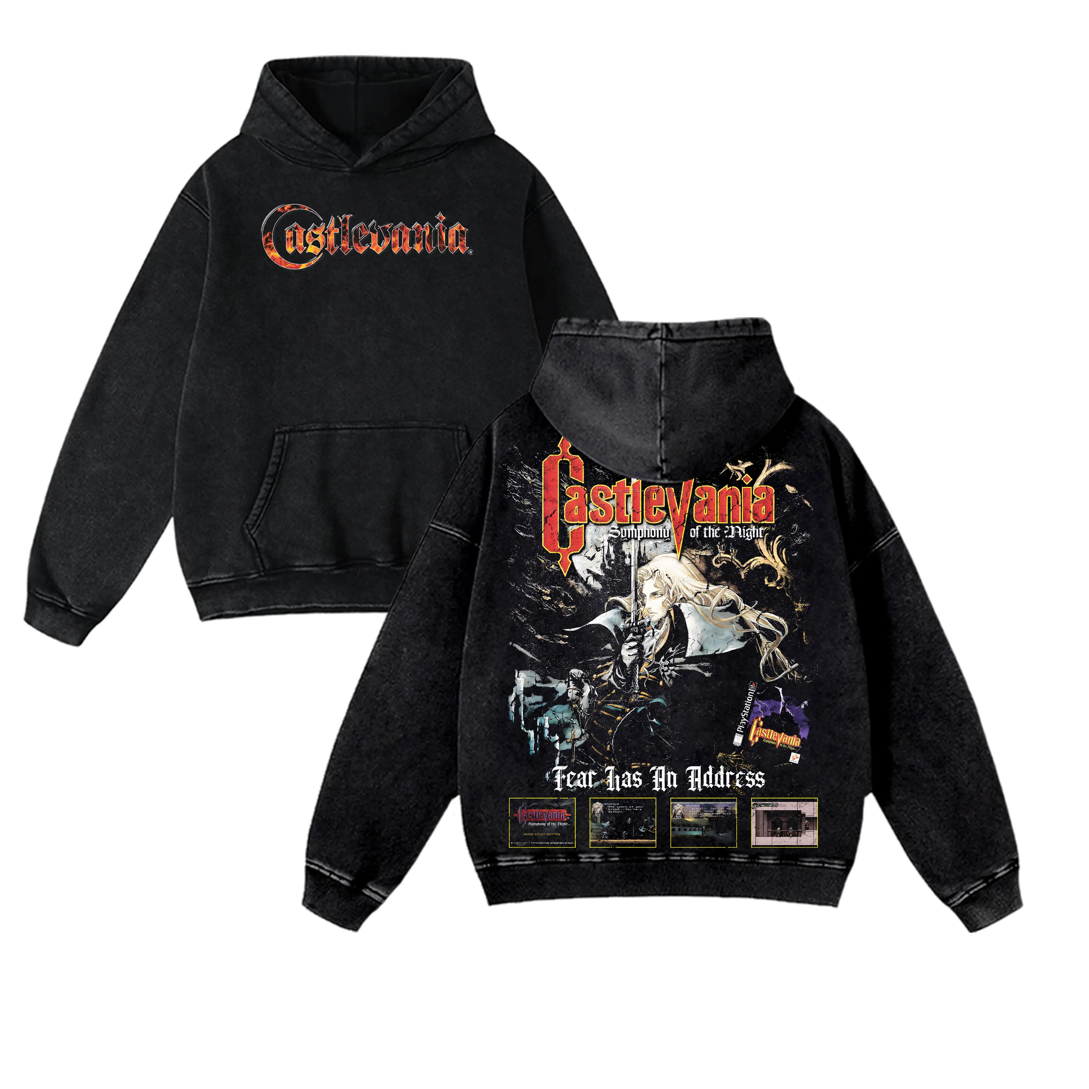 Unisex Castlevania Symphony of the Night Vintage Dark Gothic Graphic Hoodie - Menswear Cotton Fabric Soft Sweatshirt, 90s Classic Video Game Merch, Dark Fantasy Streetwear Tops, Summer Men's Clothing