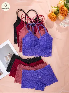 Women's Contrast Lace Backless Wireless Bralette Bra & Panty Underwear Set, Sexy Elegant Comfy Soft Breathable Fitted Pink Lingerie Set for Daily Wear, Underwear Set for Women, Medium, Womenswear