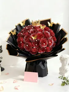 12pcs/Pack Glitter Rose Bouquet, DIY Artificial Glitter Flower Bouquet for Valentine's Day Decor, Mother's Day Decor, Birthday Gift For Girlfriend, Mom, Ladies (With Wrapping Paper)