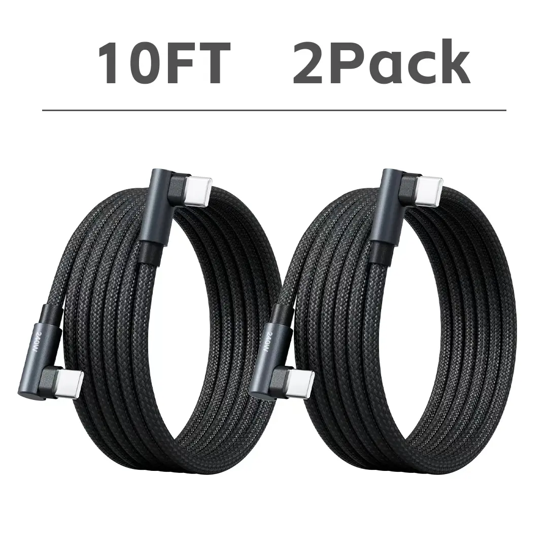 240W Dual Right Angle USB C to USB C Cable 10FT 2-Pack Fast Charging Cable, 90 Degree Elbow PD Cable for Gaming, Car, Laptop, Compatible with iPhone 15/16/17, Samsung Galaxy S Series, Pixel, iPad