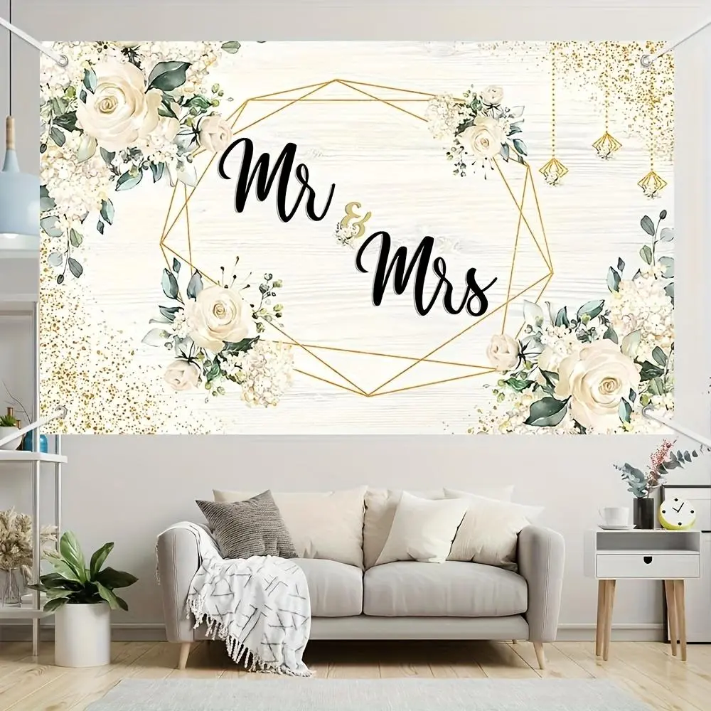 1PC Polyester Wedding & Birthday Backdrop Banner - 2D Flat Mr & Mrs Flower Geometric Hanging Cloth, Reusable Tapestry with Retro Wood Grain & Gold Flash, Indoor Outdoor Photo Background Wall Cloth
