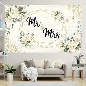 1PC,2D Flat Wedding Backdrop Mr & Mrs Floral Geometric Decor Hanging Cloth, Proposal Engagement Marriage Party Photo Background Wall Cloth, Retro Wood Grain Gold Flash Tapestry, Indoor Outdoor Scen