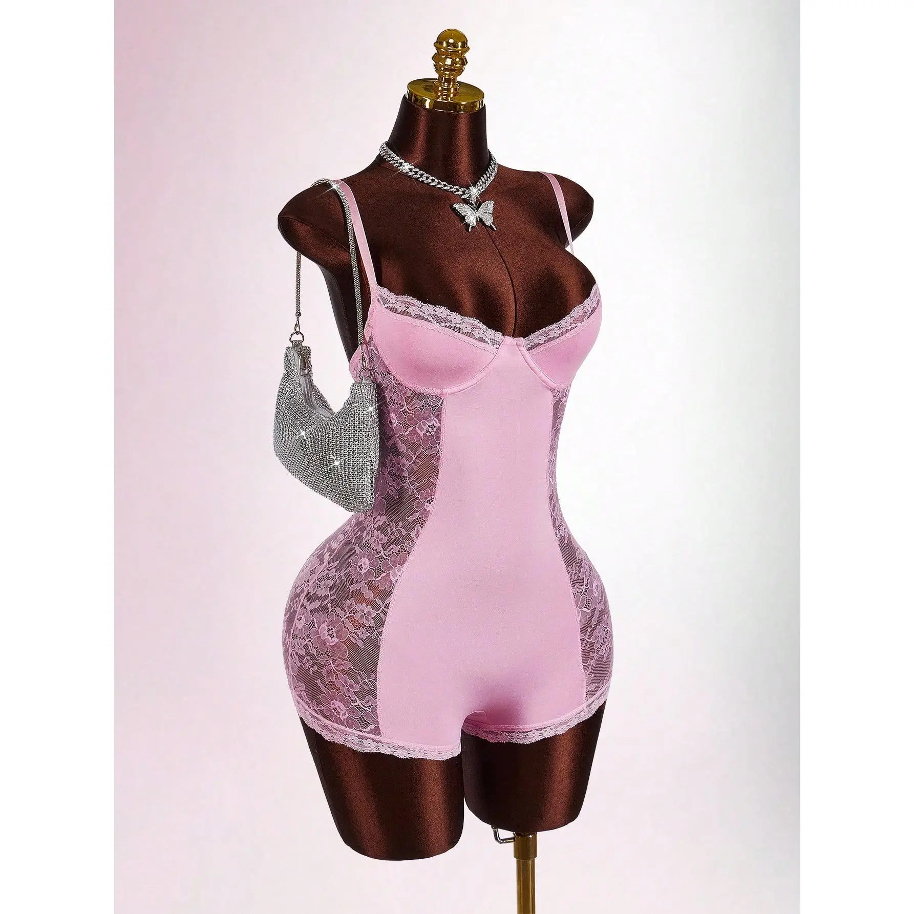 Women's Contrast Lace Slim Fit Romper With Shirred Waist
