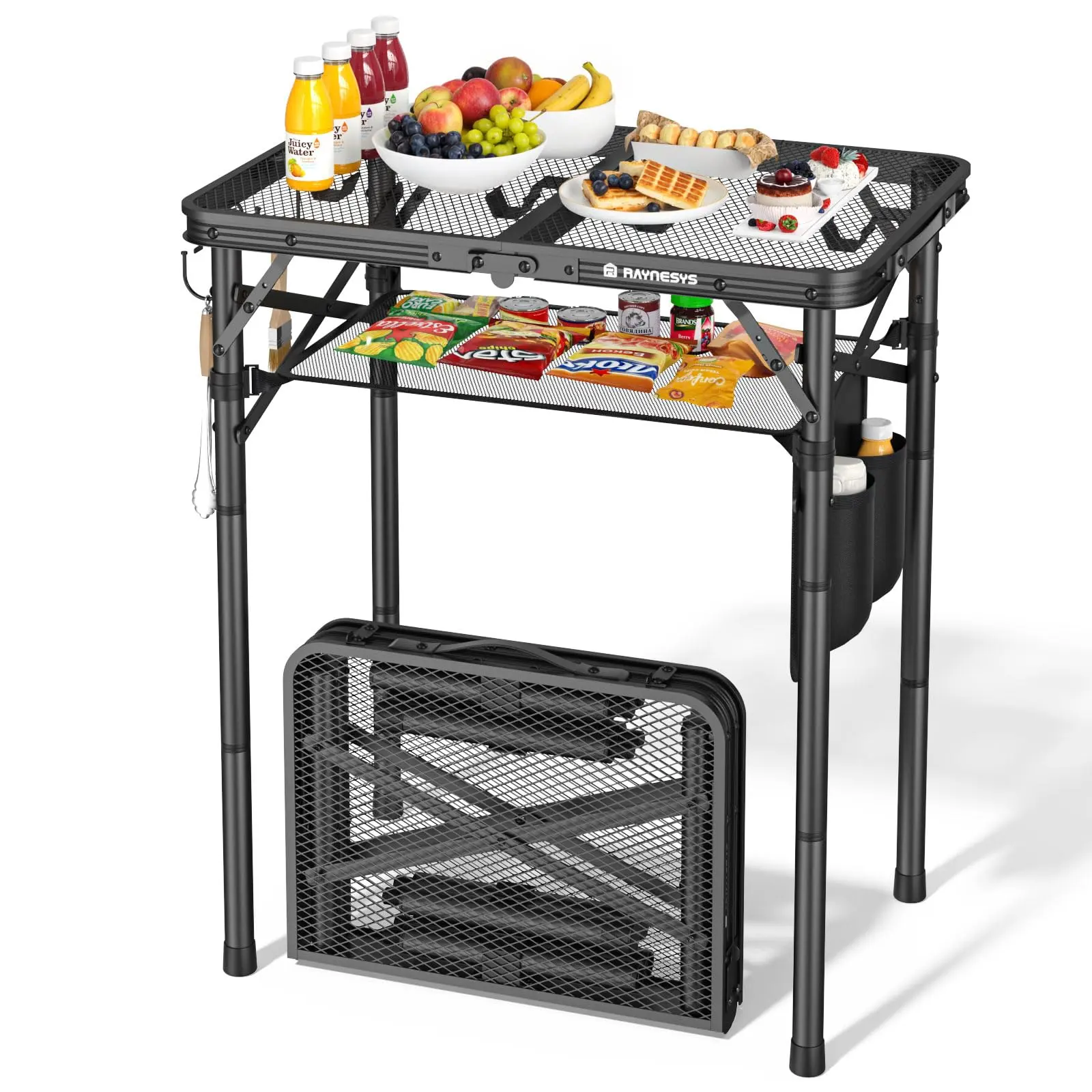 Folding Grill Table for Outside, 3 Height Adjustable Small Camping Table with Mesh Bag, Metal Aluminum Folding Table, 23.62 x 15.75 inches, Portable Grill Stand for Picnic, Camping, BBQ, Beach