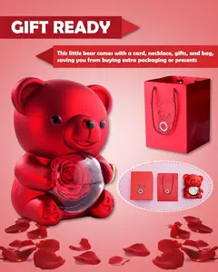 Preserved Rose Teddy Bear with Heart Design Necklace – Real Rose in Elegant Gift Box – Romantic Gift for Her – Perfect for Mother’s Day, Anniversary, Wedding, or Bridal Shower
