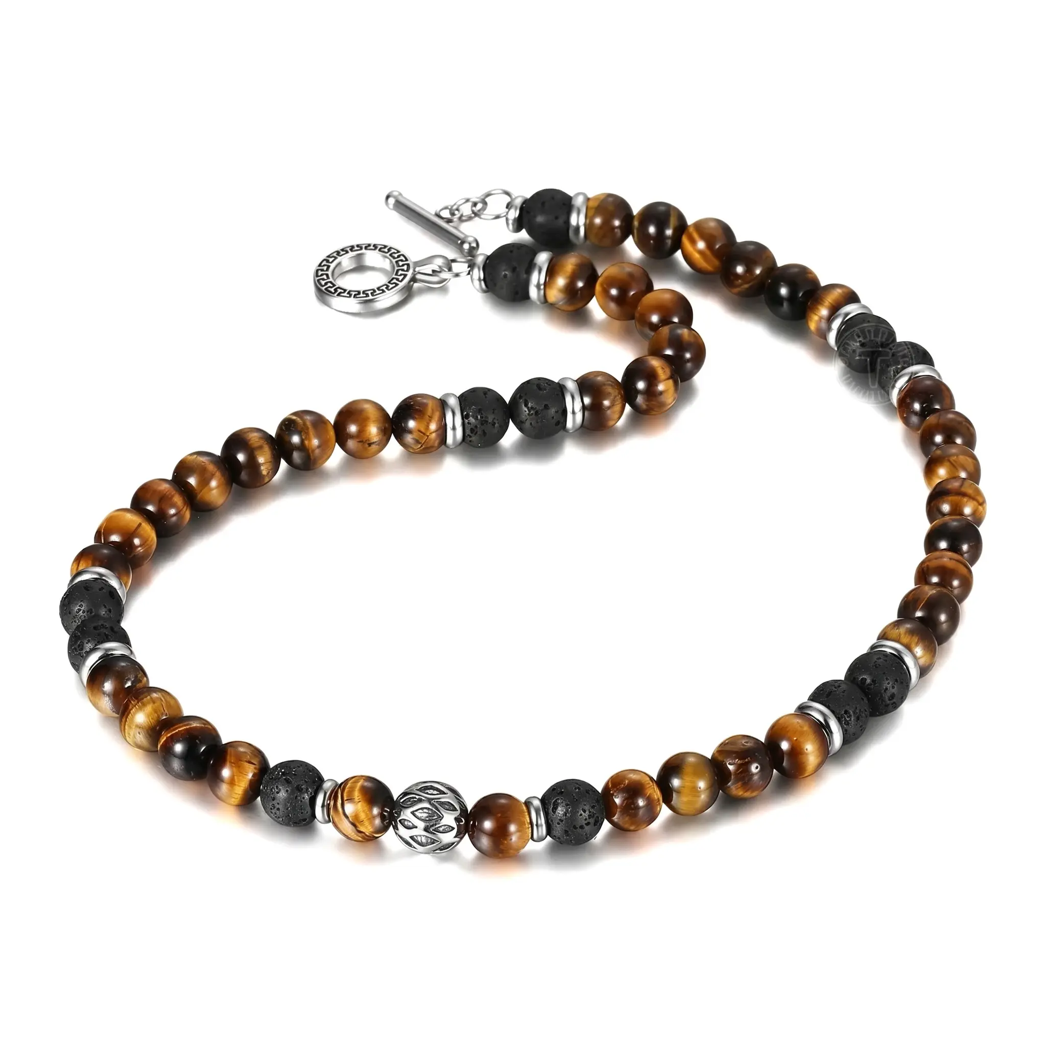 Men's 8mm Natural Tiger Eye & Lava Bead Beaded Necklace, Stainless Steel Toggle Clasp, 18/20/24" Length, Black Onyx Men's Accessories, Father's Day Gifts