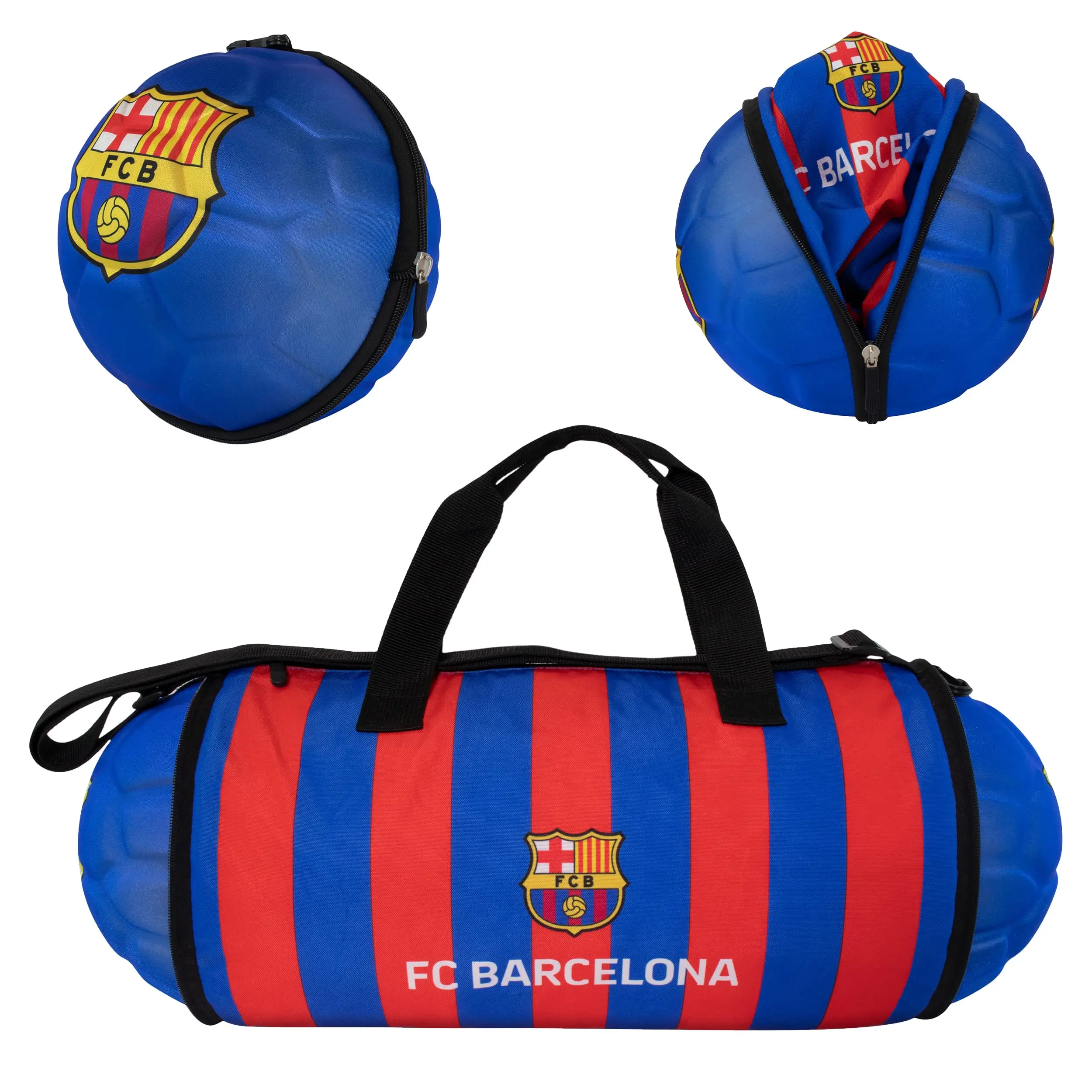 Maccabi Art Officially Licensed FC Barcelona Foldable Duffel Bag, 24.75-Inch Sports Bag for Soccer, Gym and Travel, Converts to Soccer Ball Shape, Adjustable Shoulder Strap, Removable Carry Hook