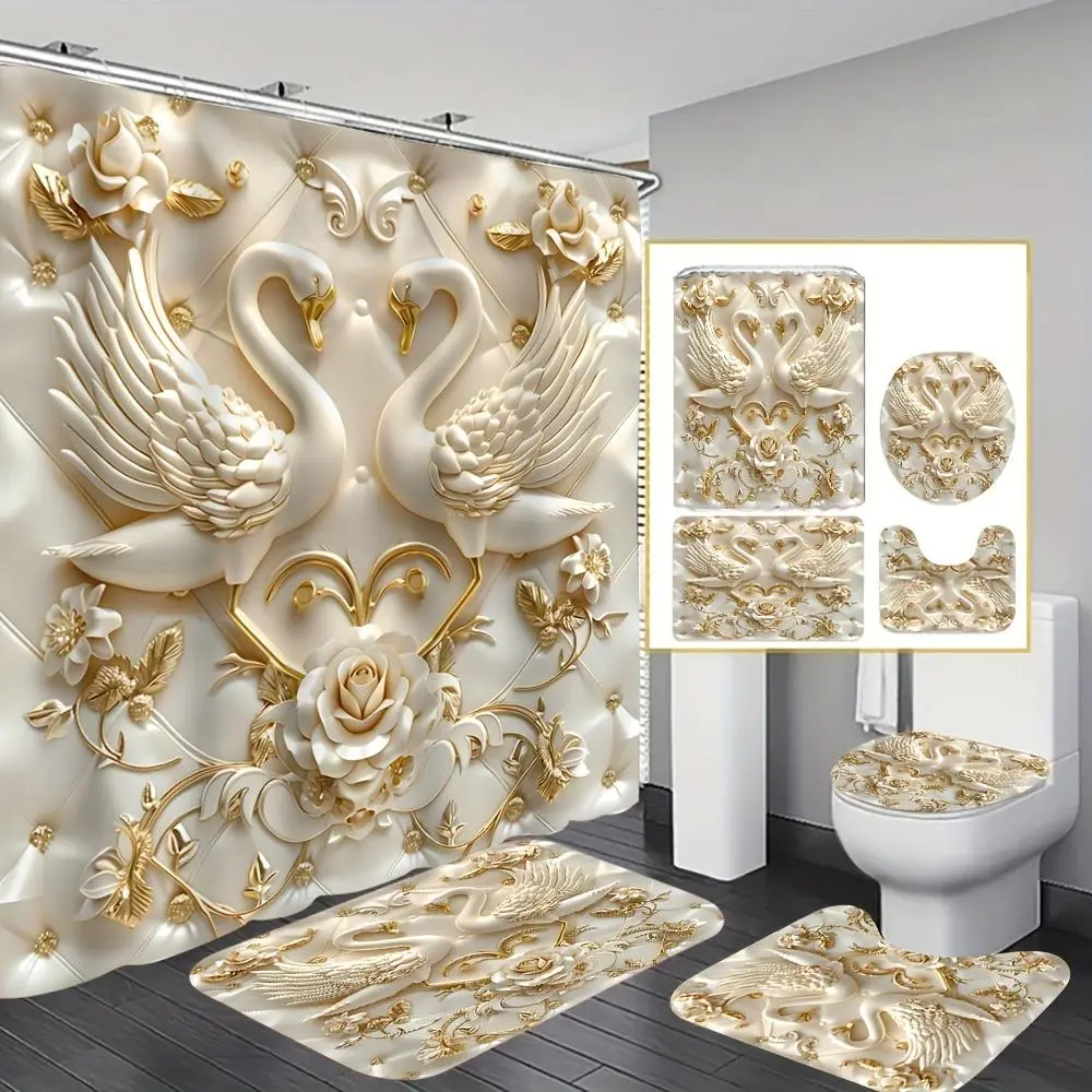Swan Pattern Bathroom Decorations, 4 Counts/set Including & Toilet Lid Cover & Mat & U-shaped Mat, Restroom Bathroom Accessories, Aesthetic Bathroom Decor, Shower Curtain Sets