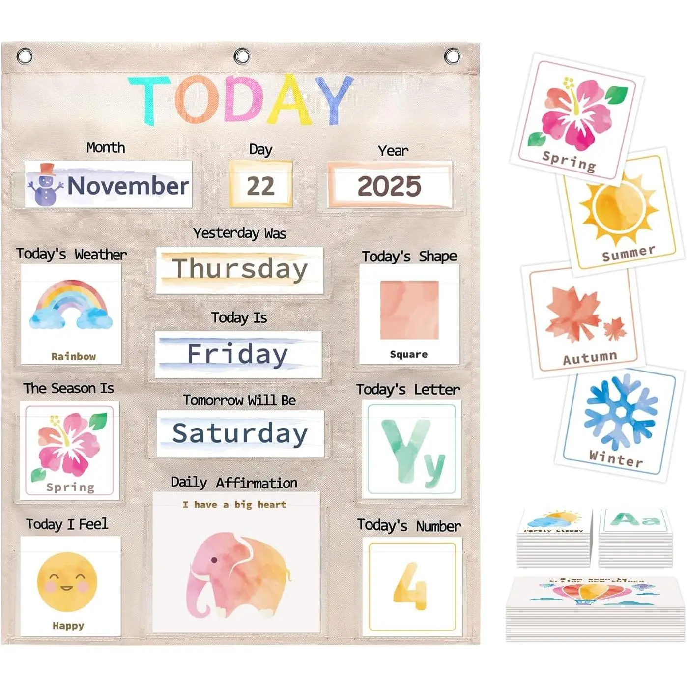 Daily Morning Board Circle Time Calendar Weather Seasons Positive Affirmations Letter Shape Number of the Day Pocket Chart,Toddler Preschool Calendar,Homeschool Morning Work Activity, Pastel Design