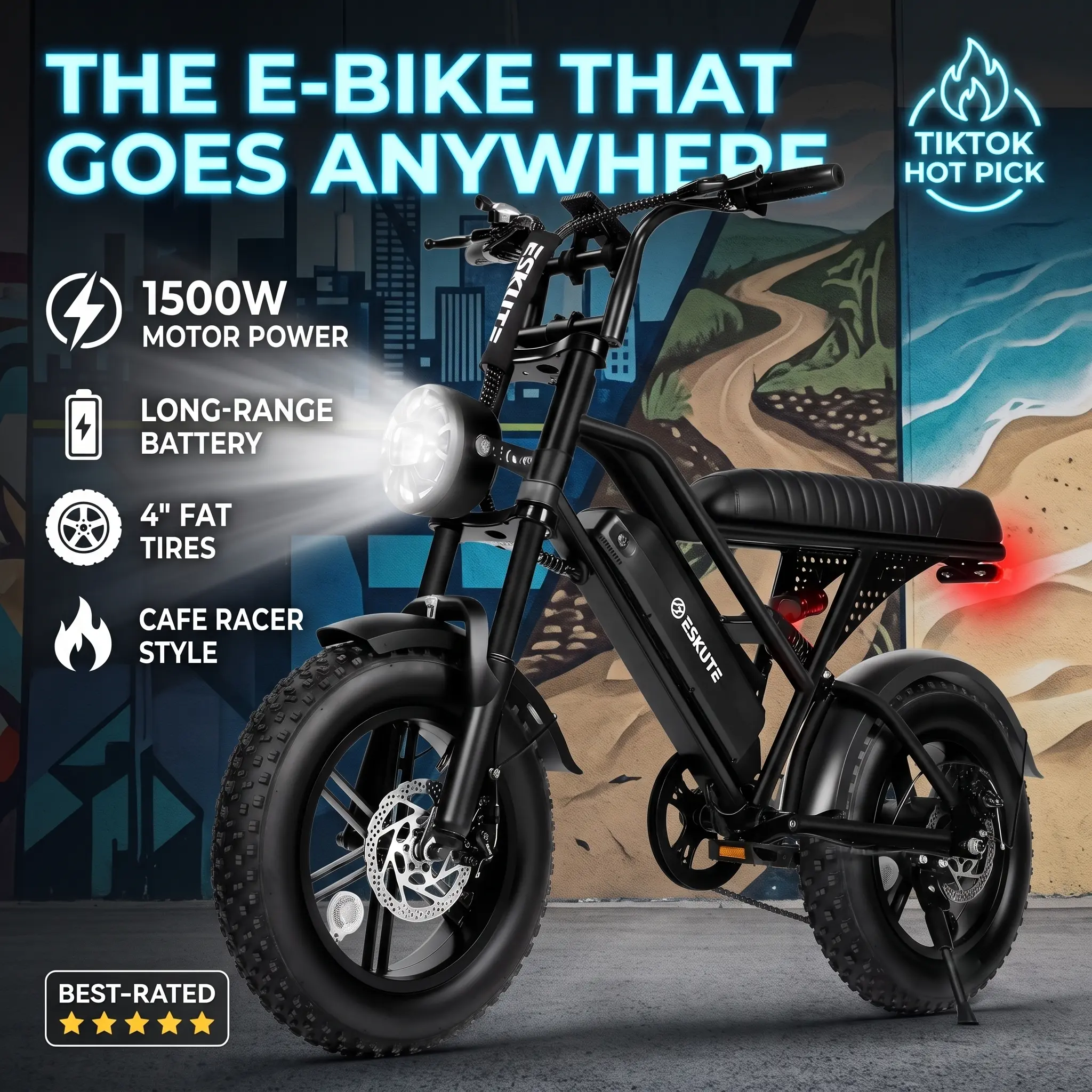 ESKUTE V100 1500W Fat Tire Ebike for Adults, 28MPH Dual-Seat All-Terrain Electric Bike Commuter & Back to School