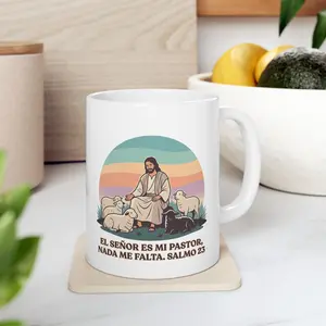 Psalm 23 Jesus with Sheep Ceramic Mug | Spanish Salmo 23, Front and Back | Taza de Jesus con sus ovejas