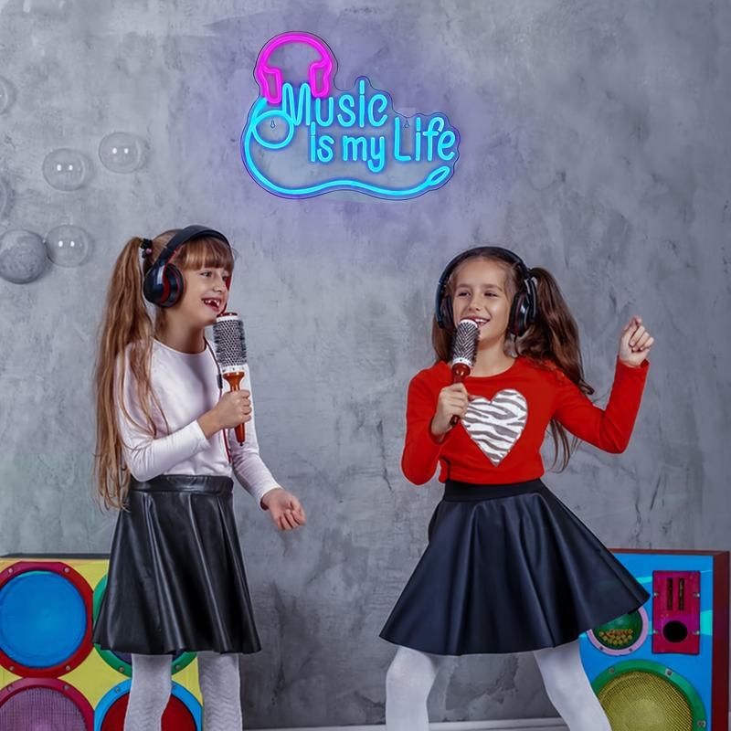 Music is my life LED neon sign, 1 piece music neon wall decoration light, dimmable headset neon light, bedroom, music studio, club, birthday, music party, live music night decoration LED wall lamp gift