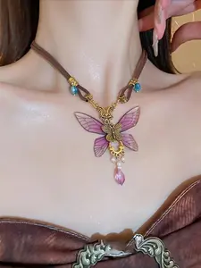 Vintage Elegant Exquisite Chic Purple Butterfly Necklace for Woman Daily Vacation Music Festival Party Gift for Her Gift From A Best Friend Fashion Necklace