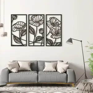Striking Black Minimalist Metal Wall Decor: Geometric Line Flower Sculpture Ideal for Living Room Ambiance. Wall Sculptures Modern Minimalist Design
