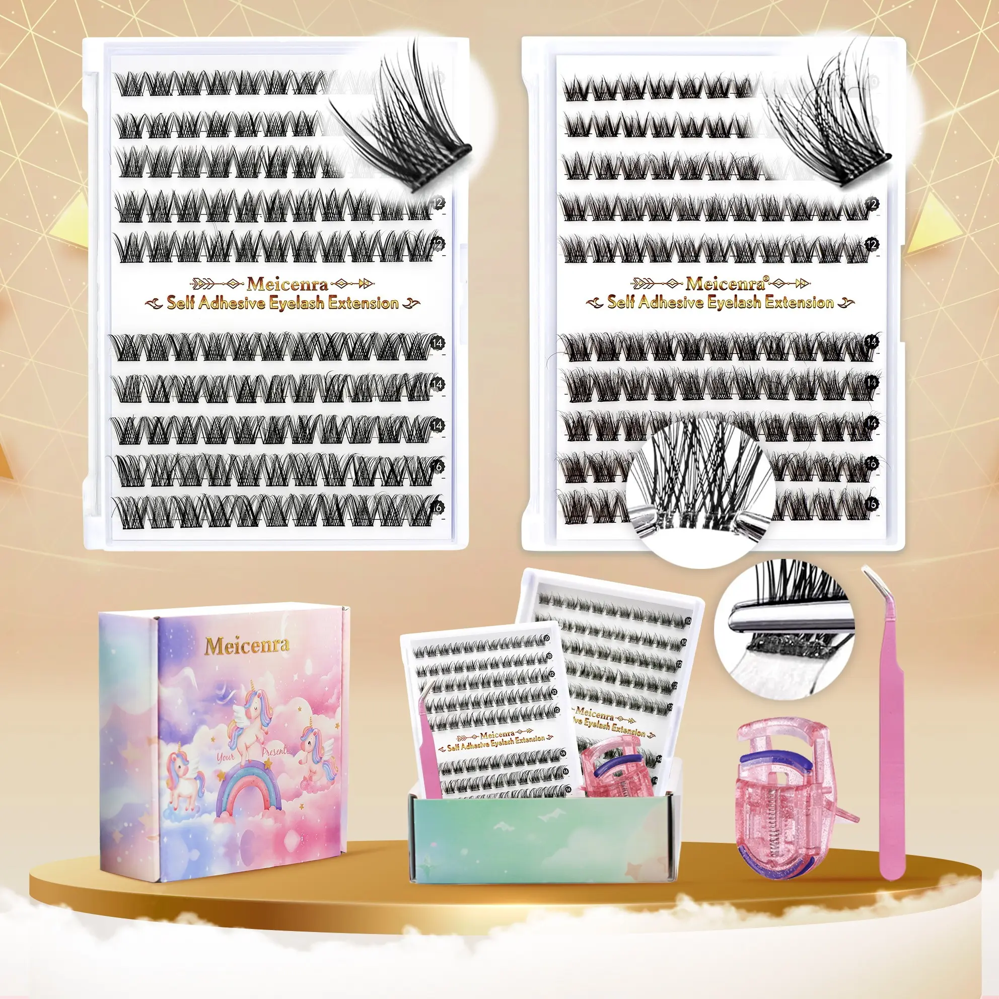 Pre Glue Eyelash Cluster Set with 2 Boxes of Self-Adhesive Eyelashes, Includes Tweezer and Eyelash Curler, Fluffy D Curl for Easy Application, Fluffy Eyelash Clusters, Cosmetic Eyelashes, Lash Extensions, False Eyelash Set