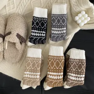 Women's 5 Pairs Warm Winter Socks | One Size (Adjustable) | Mid-Calf Thickened Cotton Blend | Cold-Proof Soft Geometric Pattern Preppy Bridal Style Outdoor Womenswear