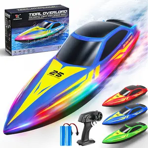 Remote Control Boat with 7-Mode Colorful LED Lights,10 Inch RC Boat,15KM/H High Speed,2.4GHz Remote,3 Speed Modes,2 Rechargeable Batteries,Auto Flip Recovery,Pool & Lake Racing Gifts for Kids & Adults