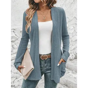 Women's Ribbed Open Front Sweater Cardigan, Casual Long Sleeve Cardigan Sweater for Spring & Fall, Women's Knit Clothing for Daily Wear