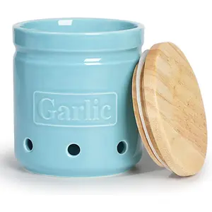 Large Garlic Keeper with Wooden Lid, Ceramic Garlic Holder Storage, Garlic Container for Kitchen, Garlic Saver to Keep Your Garlic Cloves Fresh Longer 4.5-Inch, Turquoise