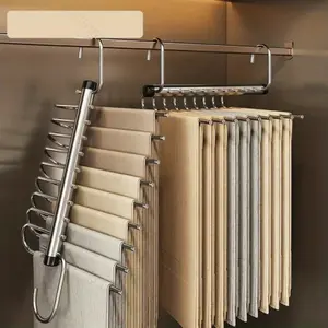 Heavy Duty Stainless Steel Multi Layer Pants Hanger, Heavy Duty Hangers, 6 Tier Closet Trouser Rack with Anti Slip Bars and No Trace Clips, Adjustable Space Saving Wardrobe Organizer for Home, Office, Pants, Towels