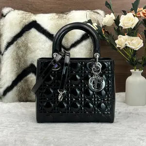Pre-owned Dior Lady Bag — Black Patent Leather with Silver Hardware (5 Grid) 866