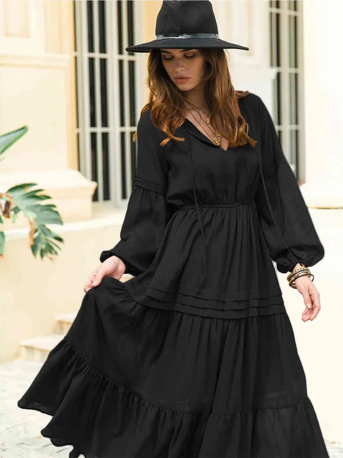 Women's Casual Peasant Maxi Dress - 70s Witchy Boho Style, Long Sleeve, Tiered V-Neck, Tassel Ties, 7 Colors