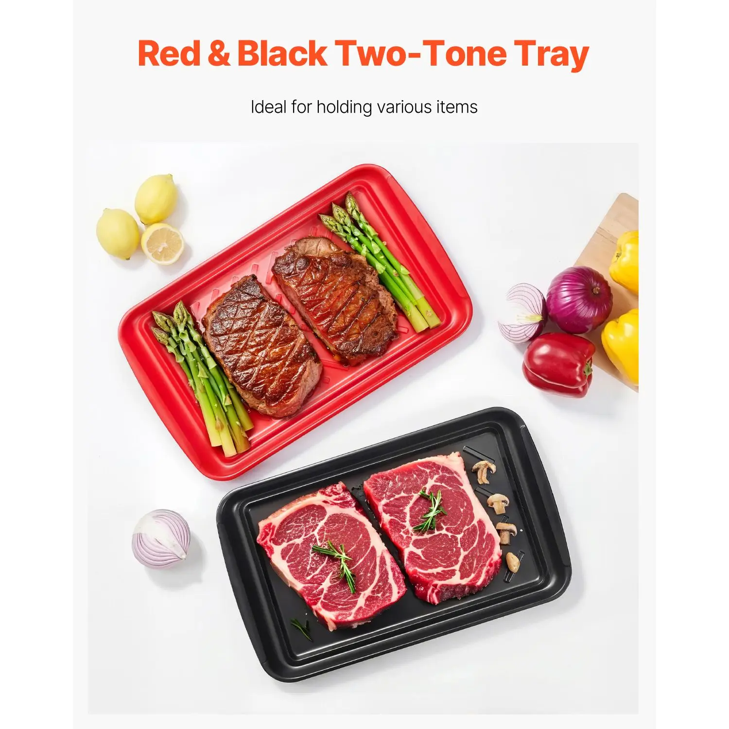 2-Pack Plastic Serving Trays with Handles, 17x10.35 Inch Anti-Slip Melamine Food Trays for Grilling Prep & BBQ Use, Sturdy Lightweight Kitchen Tableware (Black & Red)