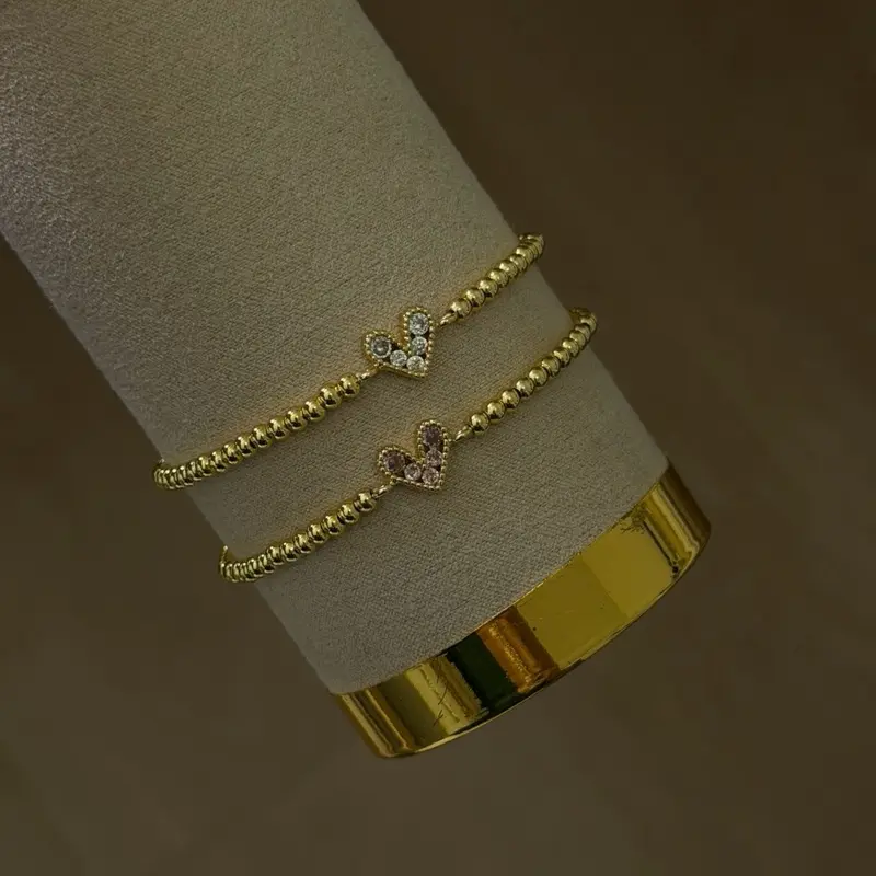 Minimalist Gold Heart Beaded Bracelet | 18K Gold Plated Waterproof Stretch Bracelet for Women | Handmade Jewelry