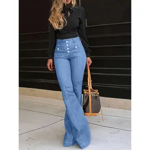 2025 Spring New Style Button High Waist Jeans Women's Slim Fashionable Temperament Elegant Flared Pants Trousers Denim Bell Bottoms Bellbottomjeans Womenswear(Gift)11