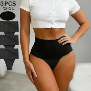 Women's 3-Pack High-Waist Ribbed Shaping Basic Panties - Pure Black, Smooth Seamless Minimalist Triangle Style, Breathable Skin-Friendly Fabric, Aesthetics-Focused, Heart-Enhancing Fit for Everyday & Bridal Wear