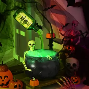 Halloween Centerpiece Witches Cauldron with Magic Floating Potion & Fog Maker Diffuser - USB-Powered Table Decor with Half-Skeleton Figure, Black Plastic Indoor Party Decoration Set for Mantel, Tabletop, Haunted House, Event Planners, Home
