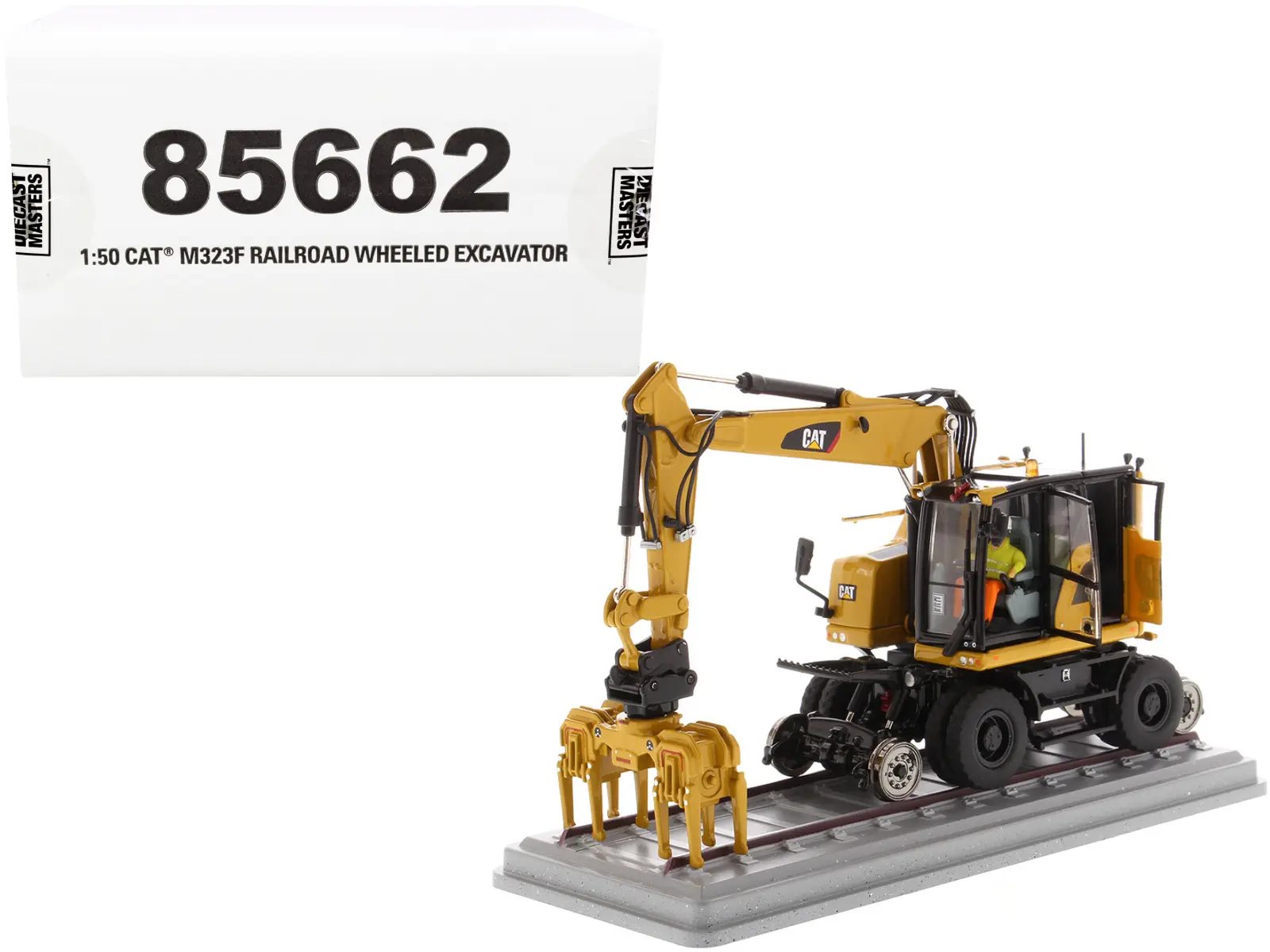 CAT Caterpillar M323F Railroad Wheeled Excavator W/ Operator & 3 Work Tools High Line Series 1/50 Diecast by Diecast Masters