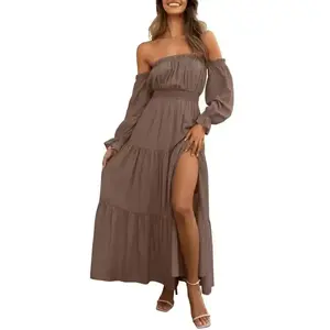 Women's 2026 Bohemian Sexy Off-Shoulder Long-Sleeve High-Waist Side-Split Flowy A-Line Tiered Maxi Dress