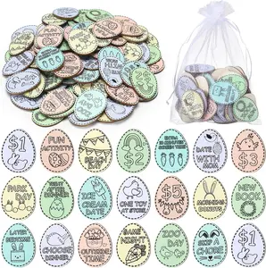 Easter Egg Tokens 30/120 Pcs Reusable Wooden Reward Tokens with 20 Engraved Sayings + 4 Gift Bags - Kids Teens Classroom Prizes Non-Candy Easter Basket Stuffers Spring Party Supplies Set