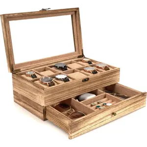 Watch Box - 10 Slot Watch Case for Men Women, Wooden Watch Holder Organizer Display for Mens, Gift For Boyfriend Fathers Day Birthday Gifts (Rustic Brown)