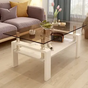 Modern Glass Coffee Table Rectangle Living Room Center Table with Tempered Glass Tabletop and MDF Layer, 2 Tier Coffee Table for Living Room and Office