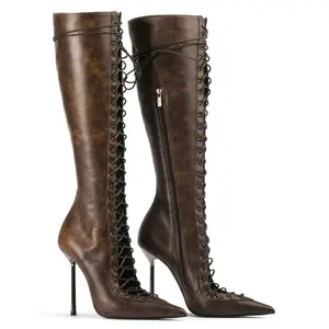 Evolra Women's Vintage Lace-Up Knee High Boots – Distressed Metal Stiletto Heels, Chic & Edgy for Party & Street Wear