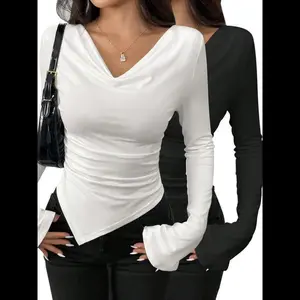 NewWomen's Plain Cowl Neck Tee, Casual Long Sleeve T-shirt for Spring, Women's Top for Daily Wear
