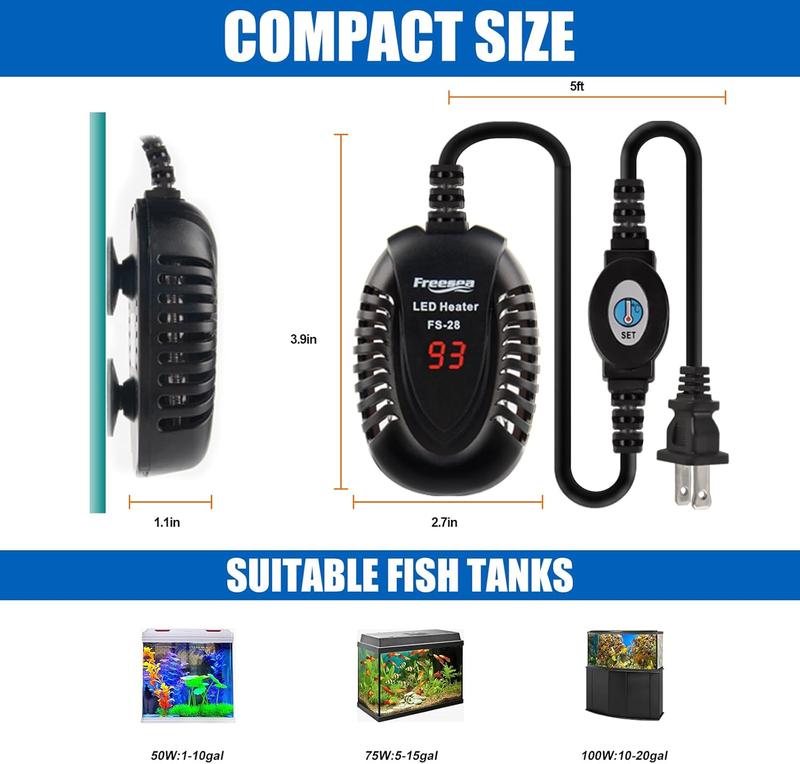 FREESEA Aquarium Fish Tank Heater: 100W Small Submersible Turtle Heater with Adjustable Temperature External Controller for Betta | Saltwater | Freshwater | 10-20 Gallon Mini Submersible Aquarium Heater Adjustable USB gallon tank